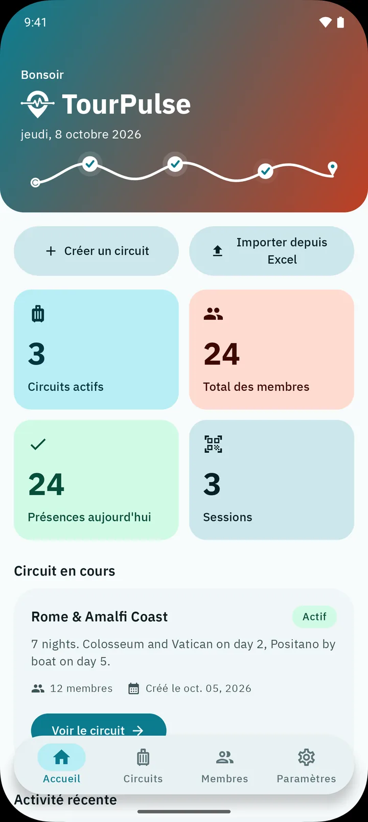 Écran d’accueil de TourPulse : salutation, nombre de circuits, de membres, de présences et de sessions, et le circuit en cours