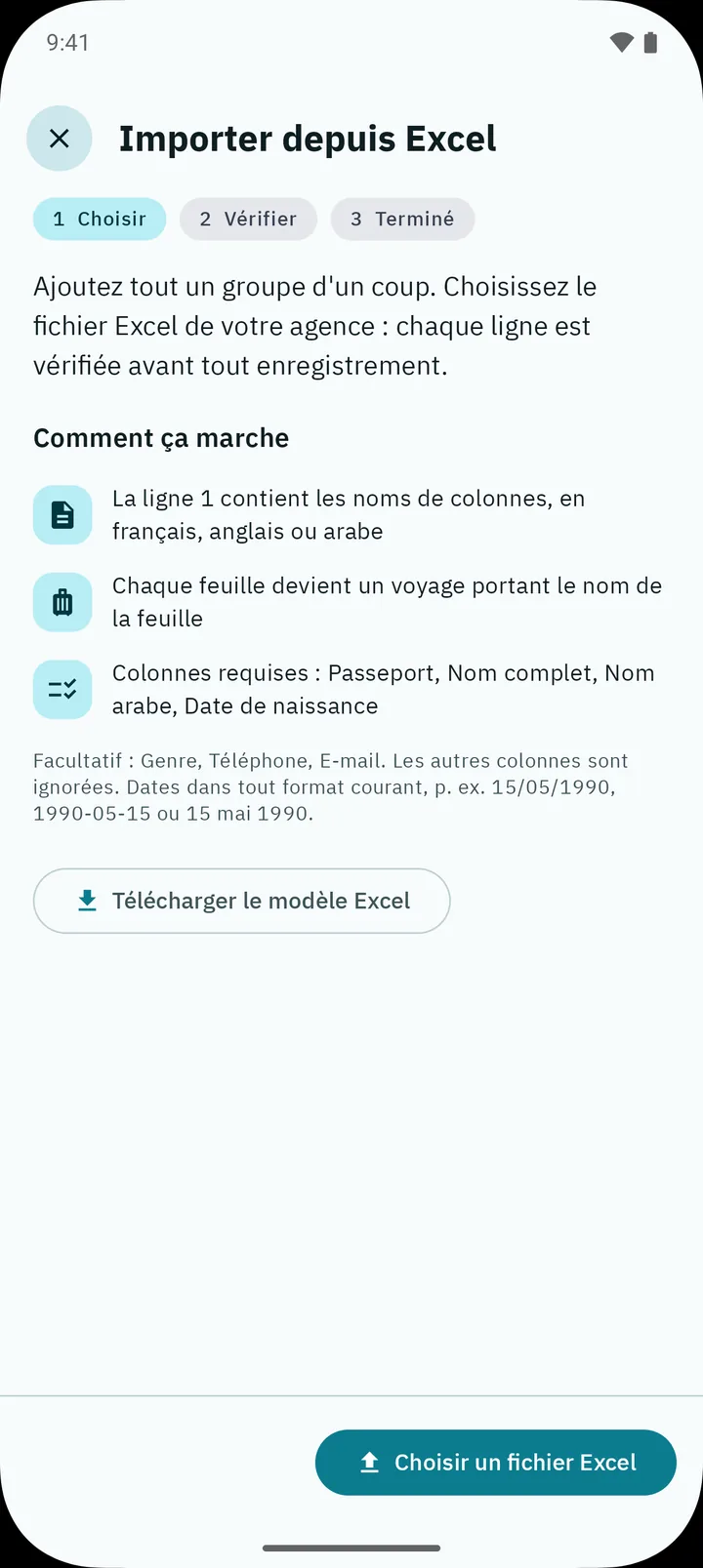 L’écran d’import Excel : le fonctionnement, les colonnes obligatoires et le téléchargement du modèle