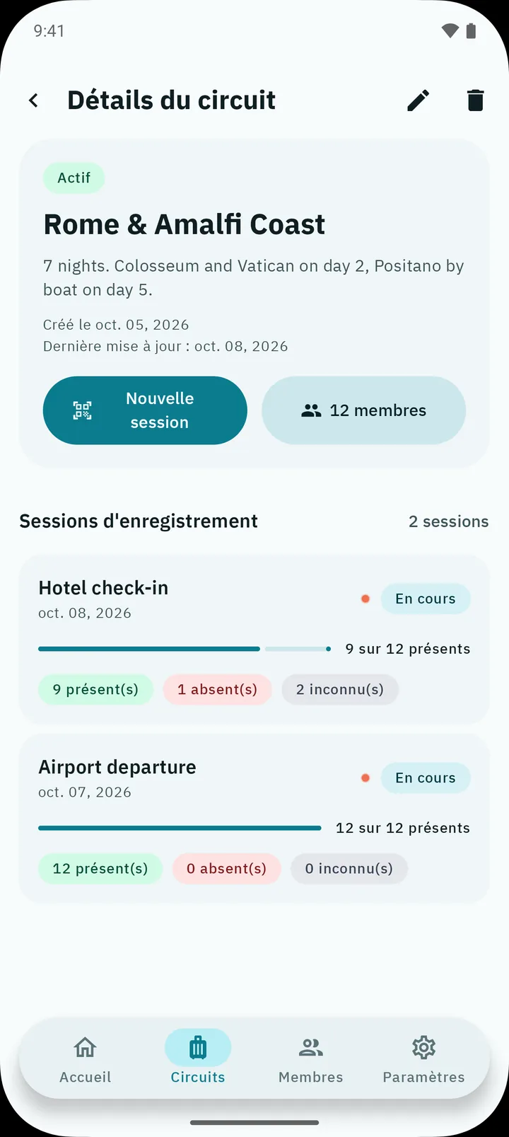 Écran de détail du circuit : le circuit, son nombre de membres et ses sessions de pointage avec présents, absents et inconnus