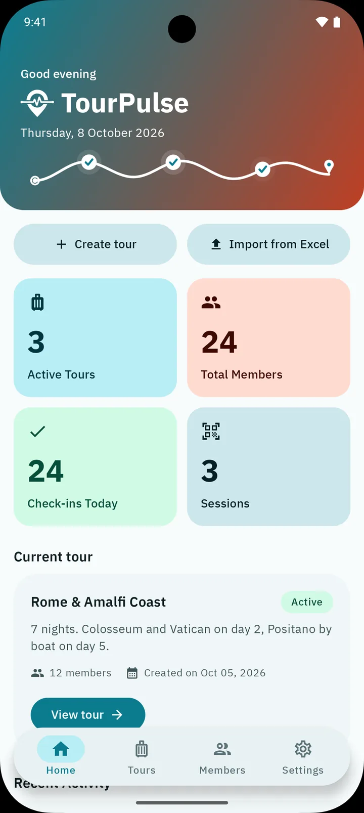 TourPulse home screen: greeting, counts of tours, members, check-ins and sessions, and the current tour