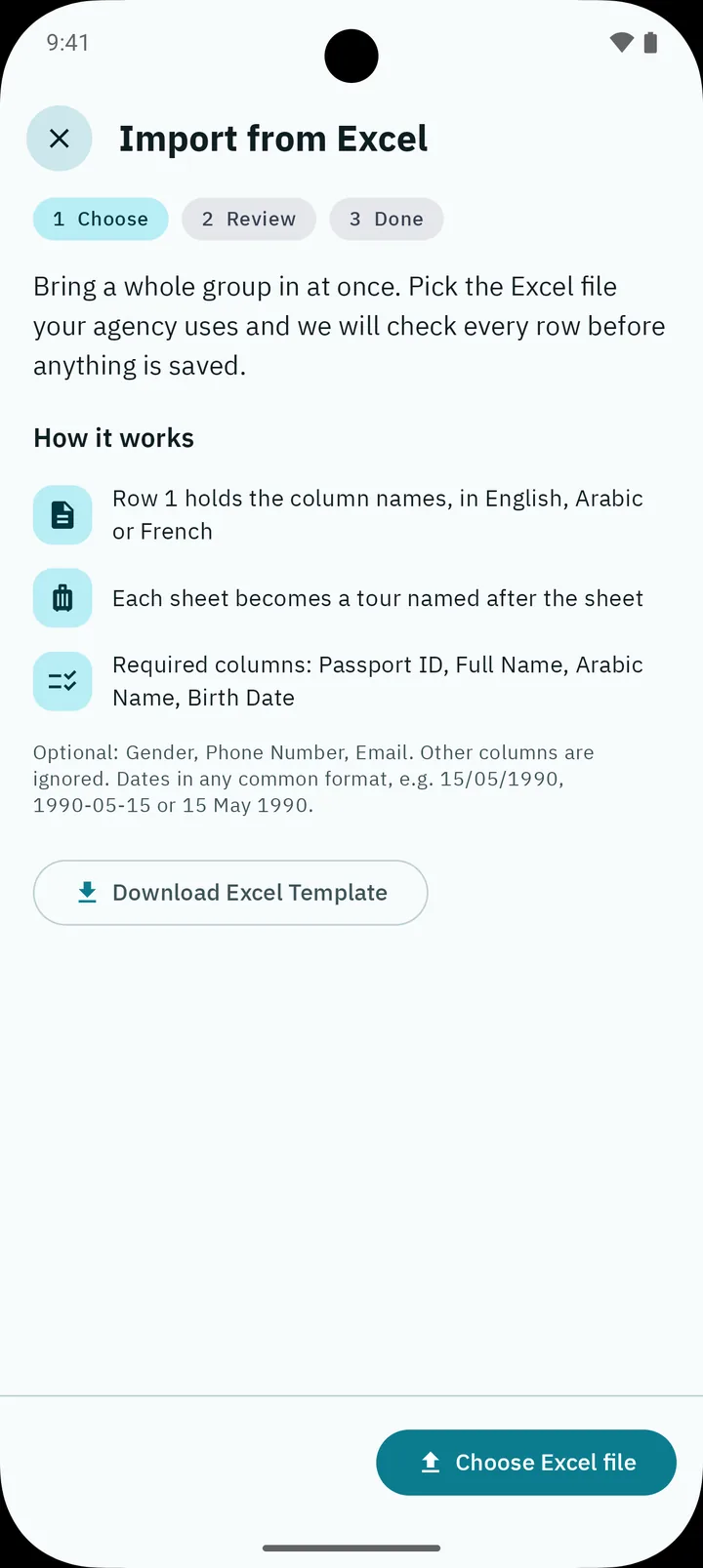 The Excel import screen: how it works, the required columns, and the template download