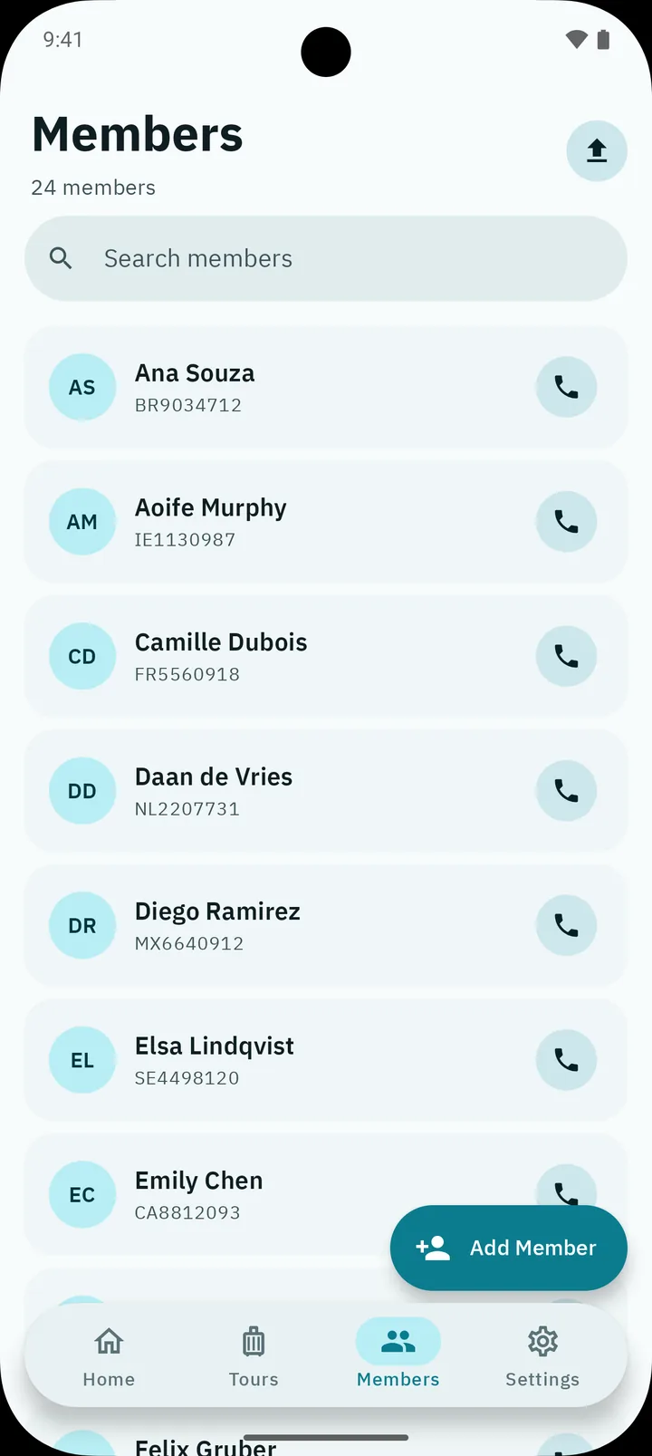 Members screen: searchable list of all members with passport IDs and quick add and import actions