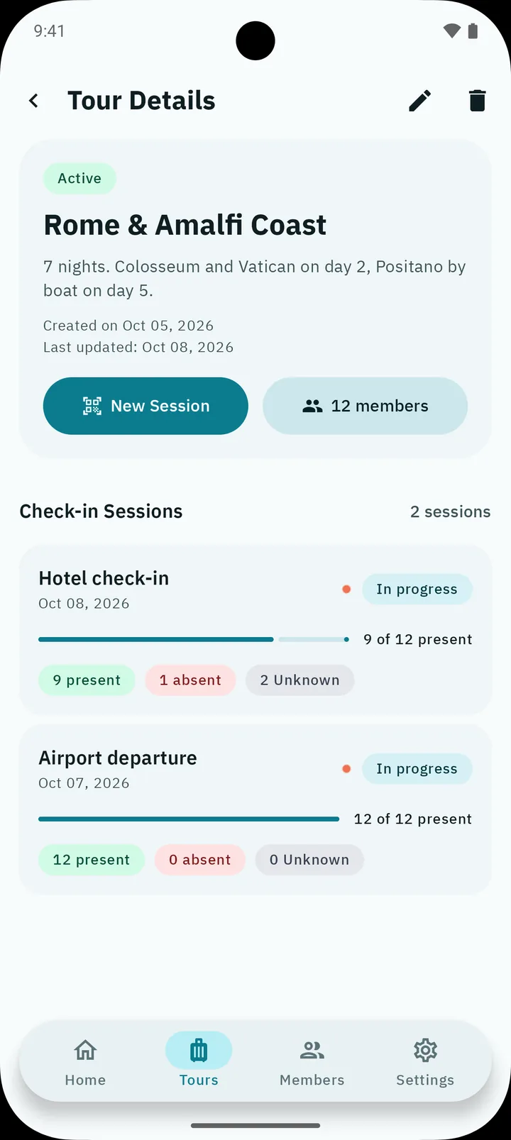Tour detail screen: the tour, its member count and its check-in sessions with present, absent and unknown counts